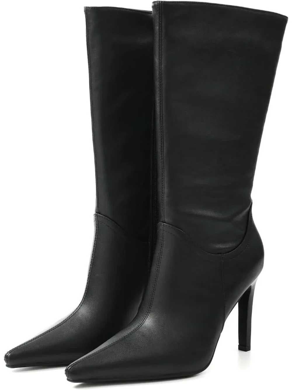 Women's Black Comfortable Mid Calf Pointed Toe High Heel Side Zipper Dress Boots